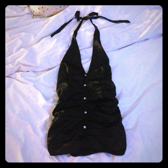 G by Guess black halter top w/glass diamond button
