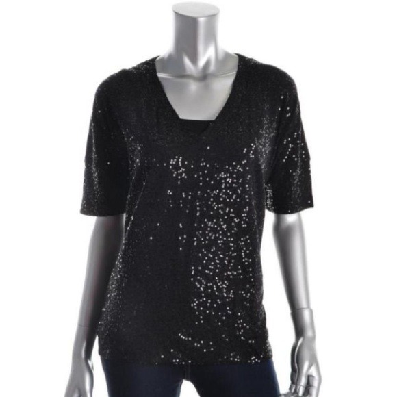 HOST PICK DKNY New Black Sequined Short Sleeve Top