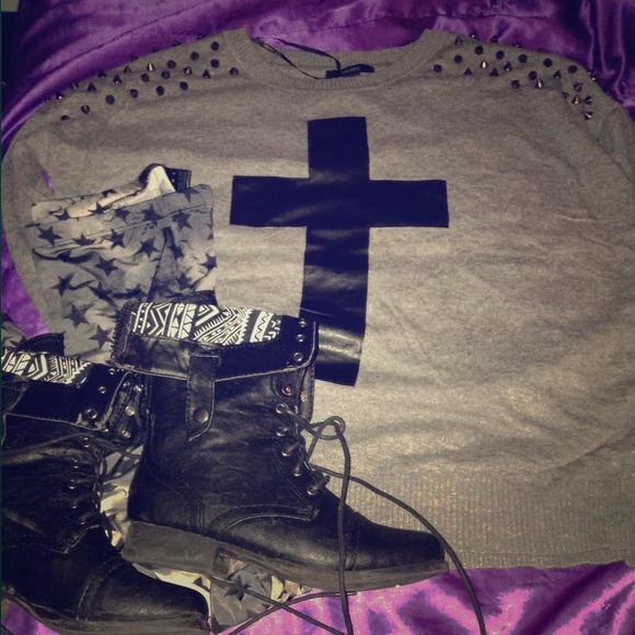 Cross sweater with studded shoulders