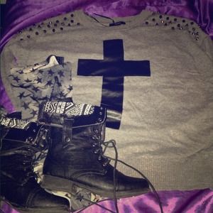 Cross sweater with studded shoulders