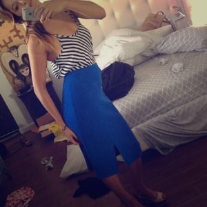 Wool royal blue pencil skirt + stripe shirt $10