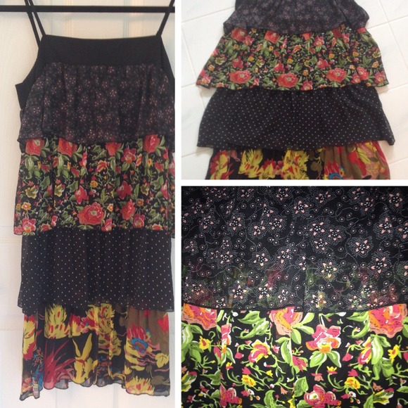 Floral and polka dot patterned layered ruffle dres