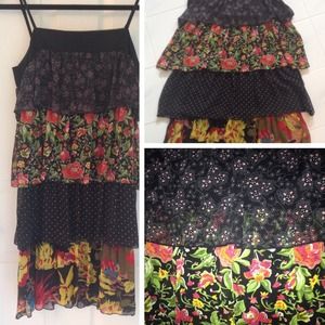 Floral and polka dot patterned layered ruffle dres