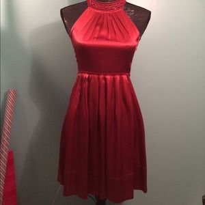 Coppery red silk satin BCBG cocktail dress.