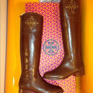 Tory Burch Kieran Leather Logo Riding Boots-Almond