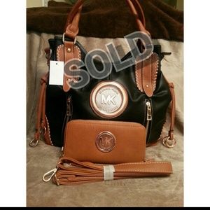 Black and Tan leather handbag with matching wallet