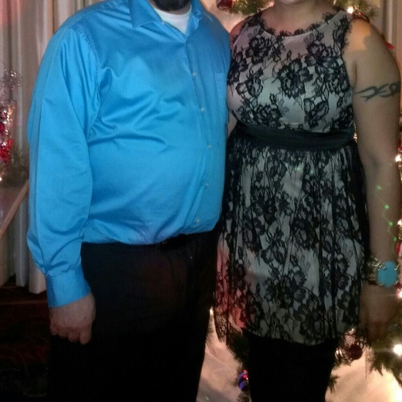 Betsy & Adam Black Lace and Champagne Dress
