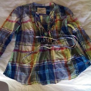 Hollister ruffled v-neck plaid shirt