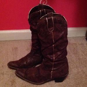 Brown faux leather slouch cowboy boots, size 8
