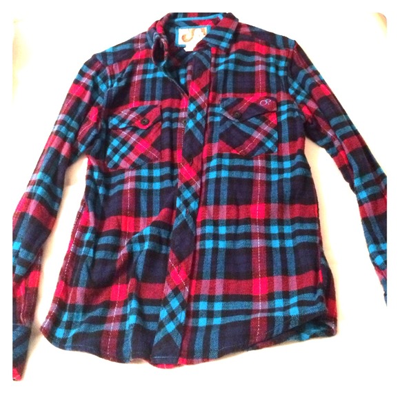 Flannel top! Turquoise + red + black colors. - Picture 1 of 3
