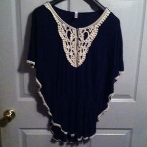 Navy and cream crochet peasant top