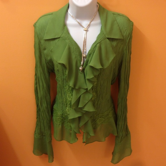 See through long sleeve ruffle shirt w lace trim