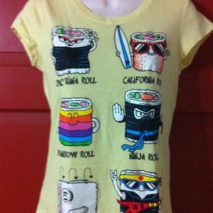 Yellow Tshirt with diffirent rolls on it.