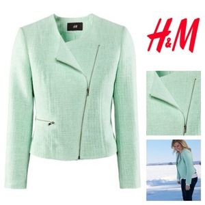 H&M Mint Pastel Green Tweed Biker Jacket