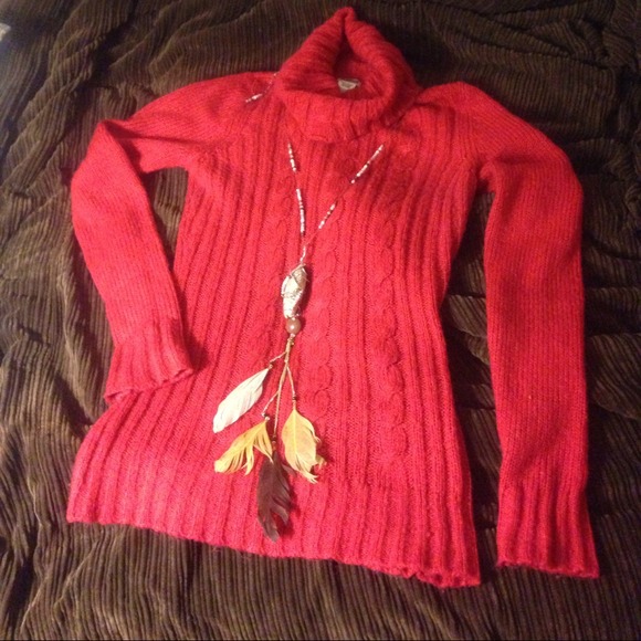 Red cowl cable knit sweater!