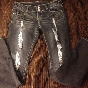 Distressed sequined pocket skinny jeans