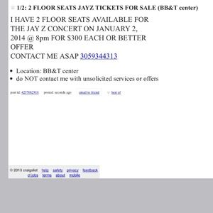 2 FLOOR SEATS FOR JAYZ CONCERT JN SUNRISE FL $300