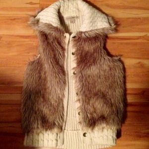Ann Taylor Creme Sweater and Brown Faux Fur Vest