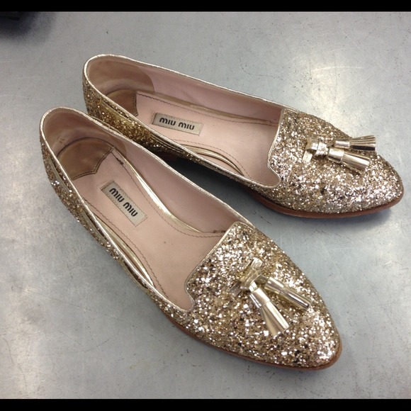 Authentic Miu Miu gold sequin loafer size 37.5