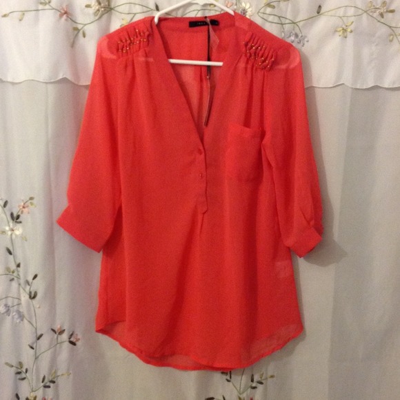 💐Coral Color Chiffon 3/4 Sleeves Blouse💐
