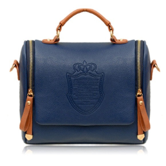 Navy Blue Leather Embossed Handbag