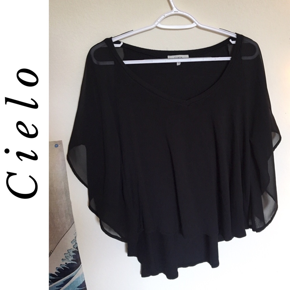 Black chiffon winged sleeve high-low  tunic top