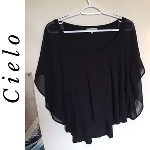Black chiffon winged sleeve high-low  tunic top