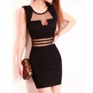 Black Geometric Cutout Mesh Party Dress