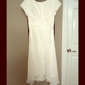 Tea length, cap sleeve, white wedding dress