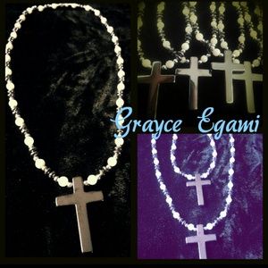 Hematite & Pearl Cross Necklace