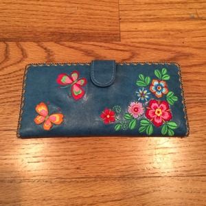 Hand embroidered blue leather wallet