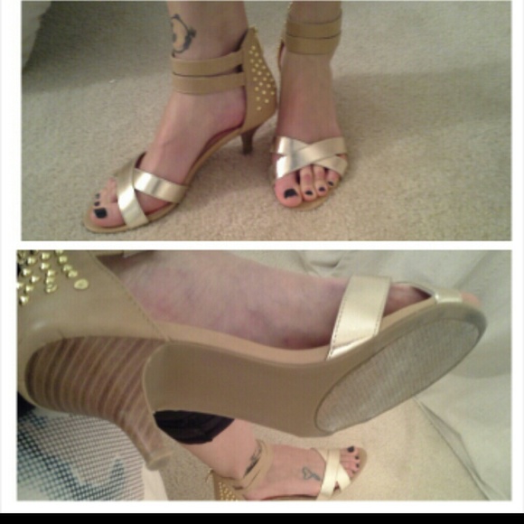 Tan and gold kitten heels