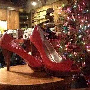 Orange peeptoe heels