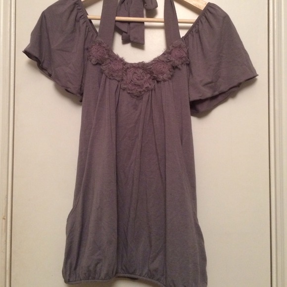 Gray Off the Shoulder Halter Top w/ Rosettes!