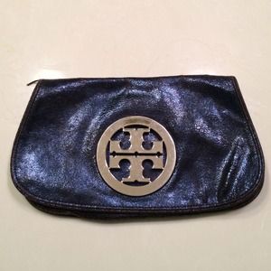 Navy Tory Burch Logo Flap Clutch