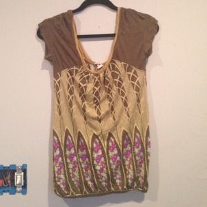 Free People Short Sleeve Shirt Green with Flowers