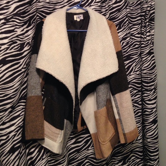 Super cute warm tan brown and black plaid coat