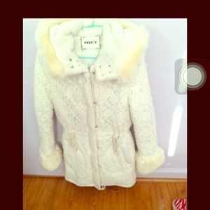 White puffer coat with lace detail