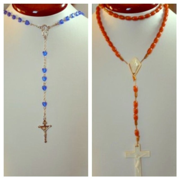 Two Rosary necklaces, blue/coral