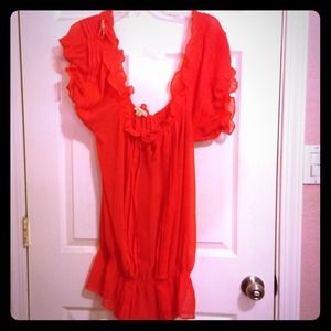 Sheer orange off the shoulder shirt