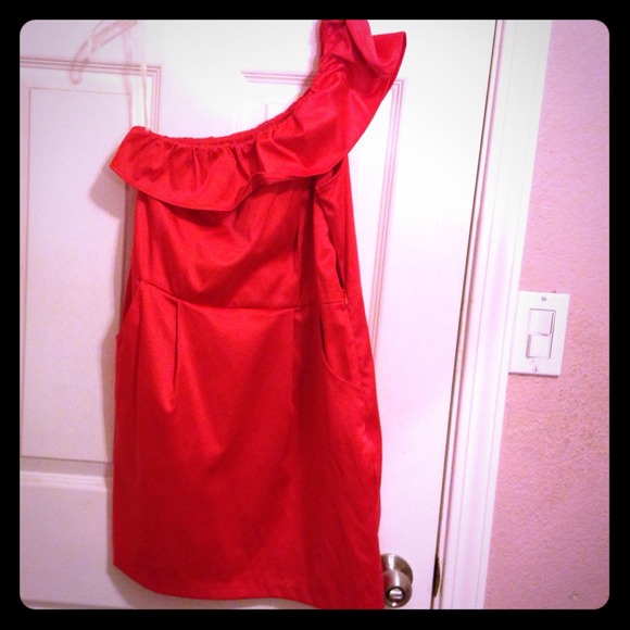 Bright neon orange red one shoulder dress