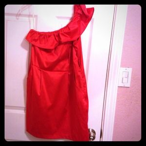 Bright neon orange red one shoulder dress