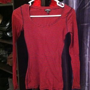 Crew neck navy and red striped shirt.