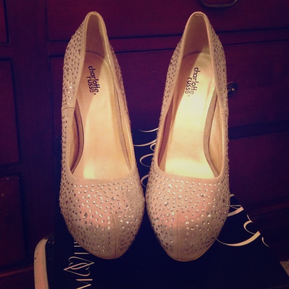 Nude suede jeweled pumps