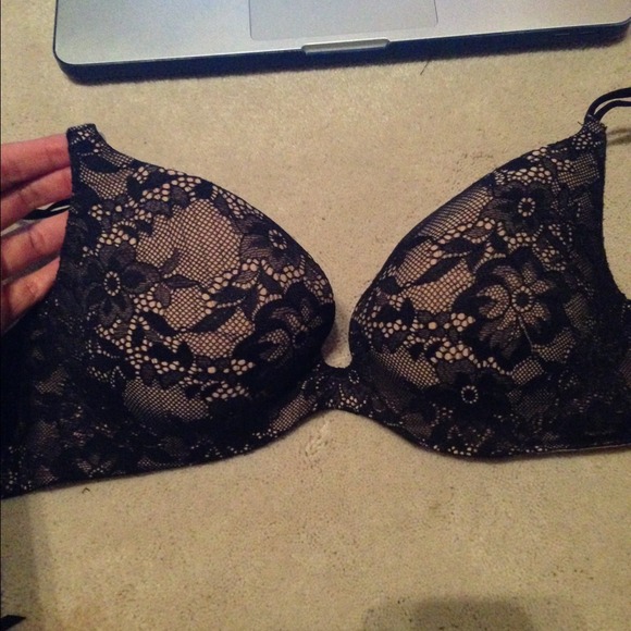 VS secret embrace black lace over nude bra
