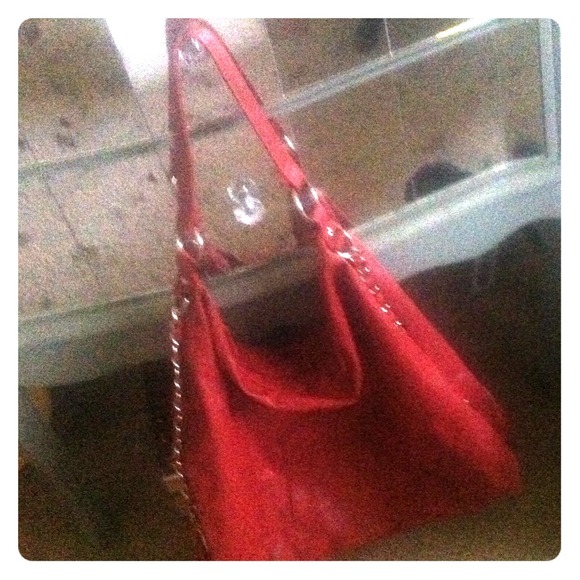 Red Leather Hobo Bag with Chain Links on sides