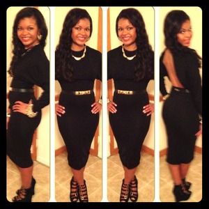 Open Back Long Sleeve Dress - Black