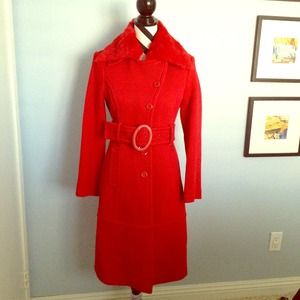 REDUCED PRICE!! bebe red twill coat w/ fur collar
