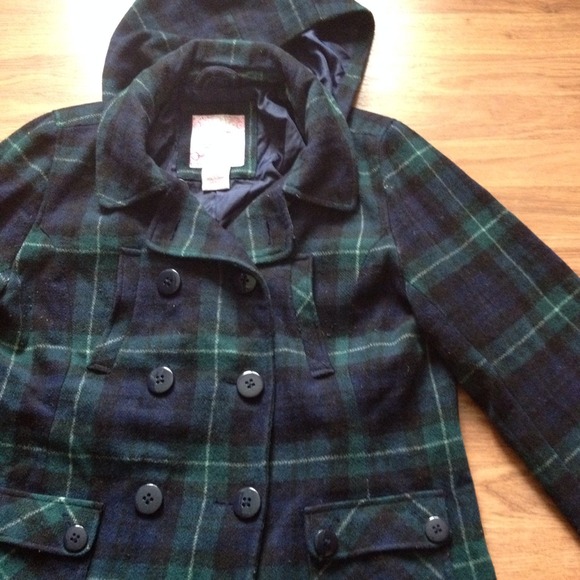 blue plaid peacoat