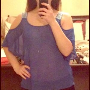 Cut sleeves midnight blue sparkle shoulders top.